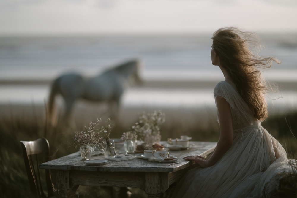 Person in a white dress stands at a coastal viewpoint as wind blows their hair dramatically against a moody sky.