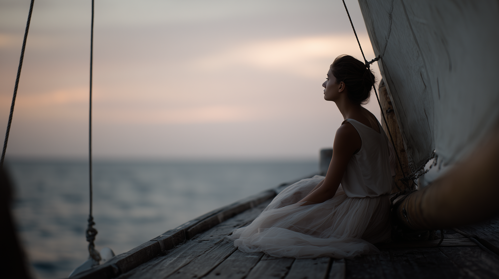 A serene sunset silhouette scene of people fishing from a pier over calm ocean waters.
