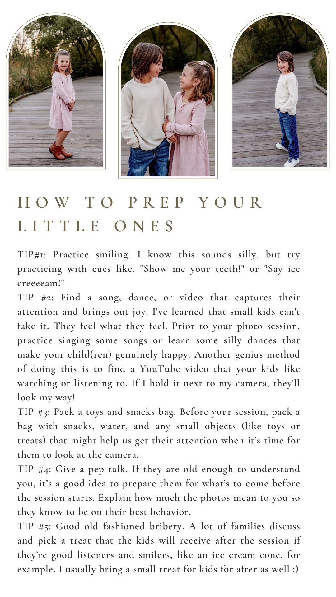 A photography guide showing three children posing outdoors with tips on how to prepare kids for a photo session.