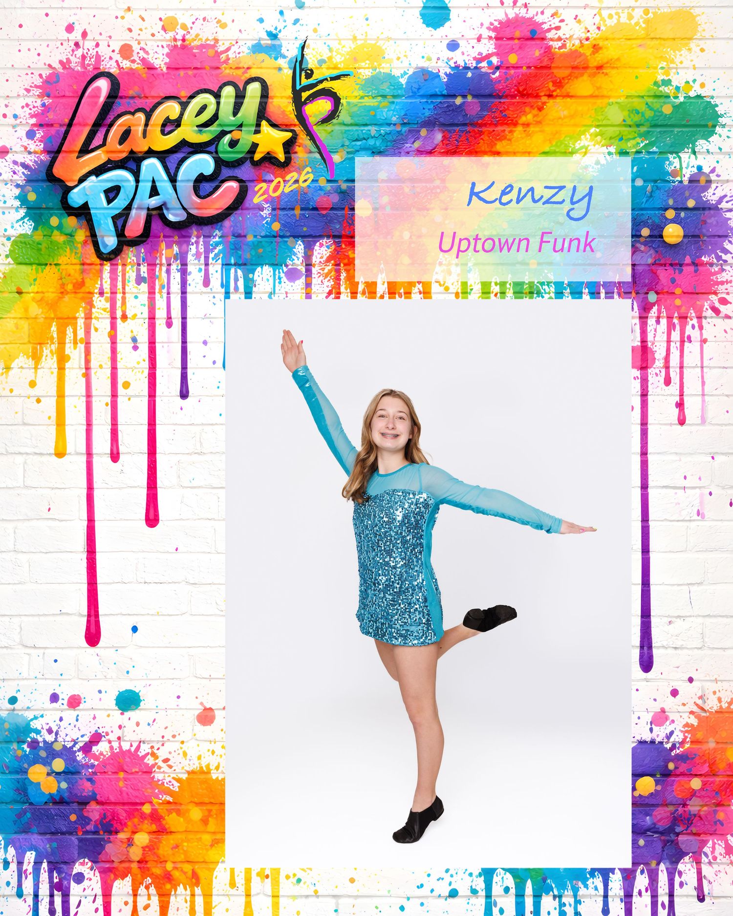 Colorful paint splatter border frames a dancer in a sparkly blue costume striking a dynamic pose against white background.