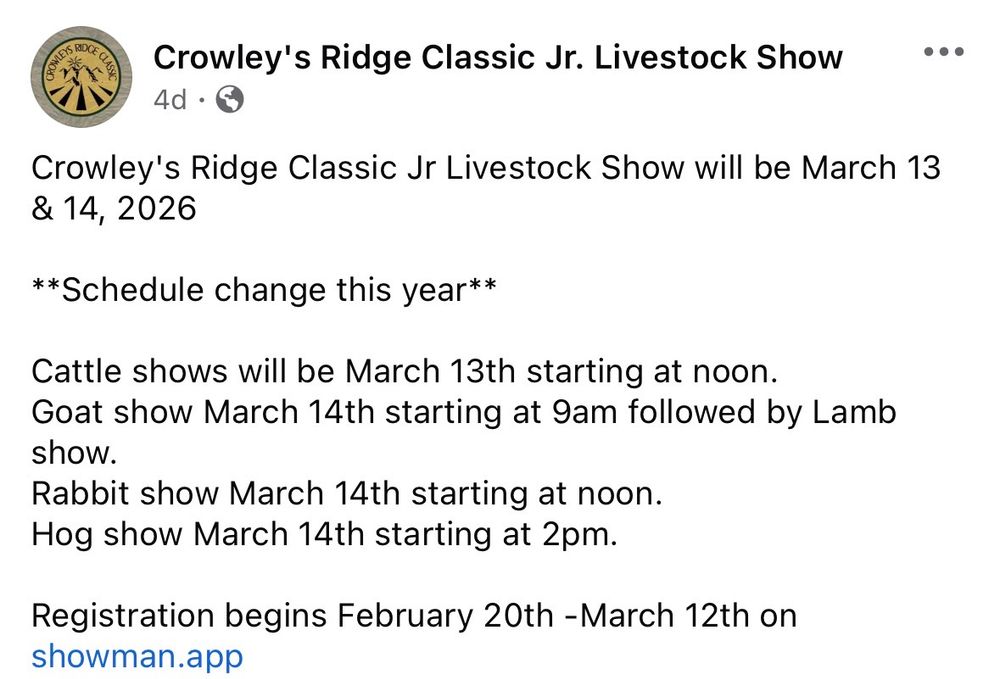 A text announcement for Crowley's Ridge Classic Jr. Livestock Show with event dates and registration details.