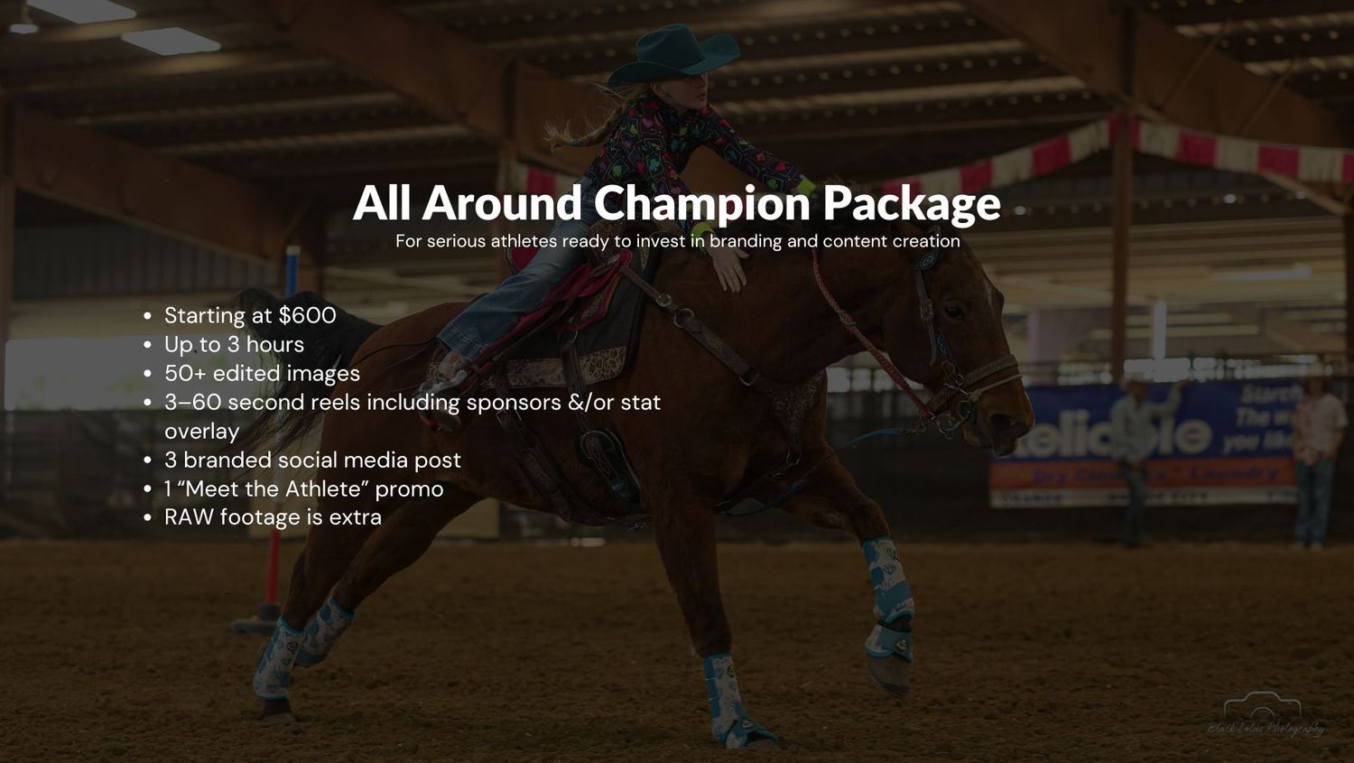 Equestrian All Around Champion Package promotional slide featuring a rider on horseback in an indoor arena with pricing details.