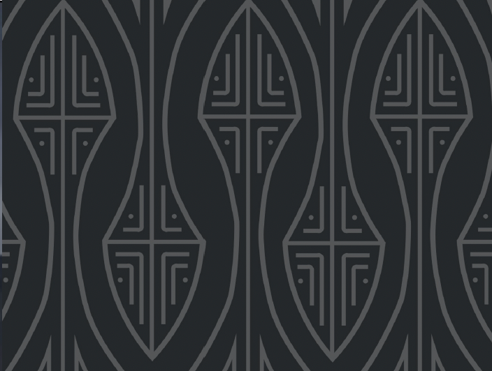 Dark geometric Art Deco pattern with interlocking oval shapes and maze-like designs in charcoal tones.
