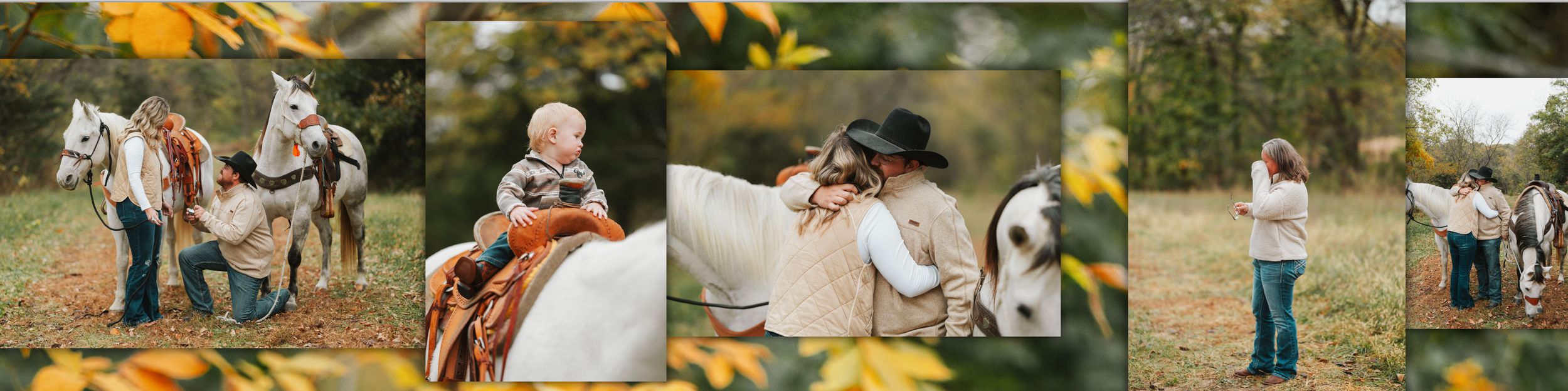 A collection of outdoor wedding photos showing candid moments between couples and guests during a rustic celebration.