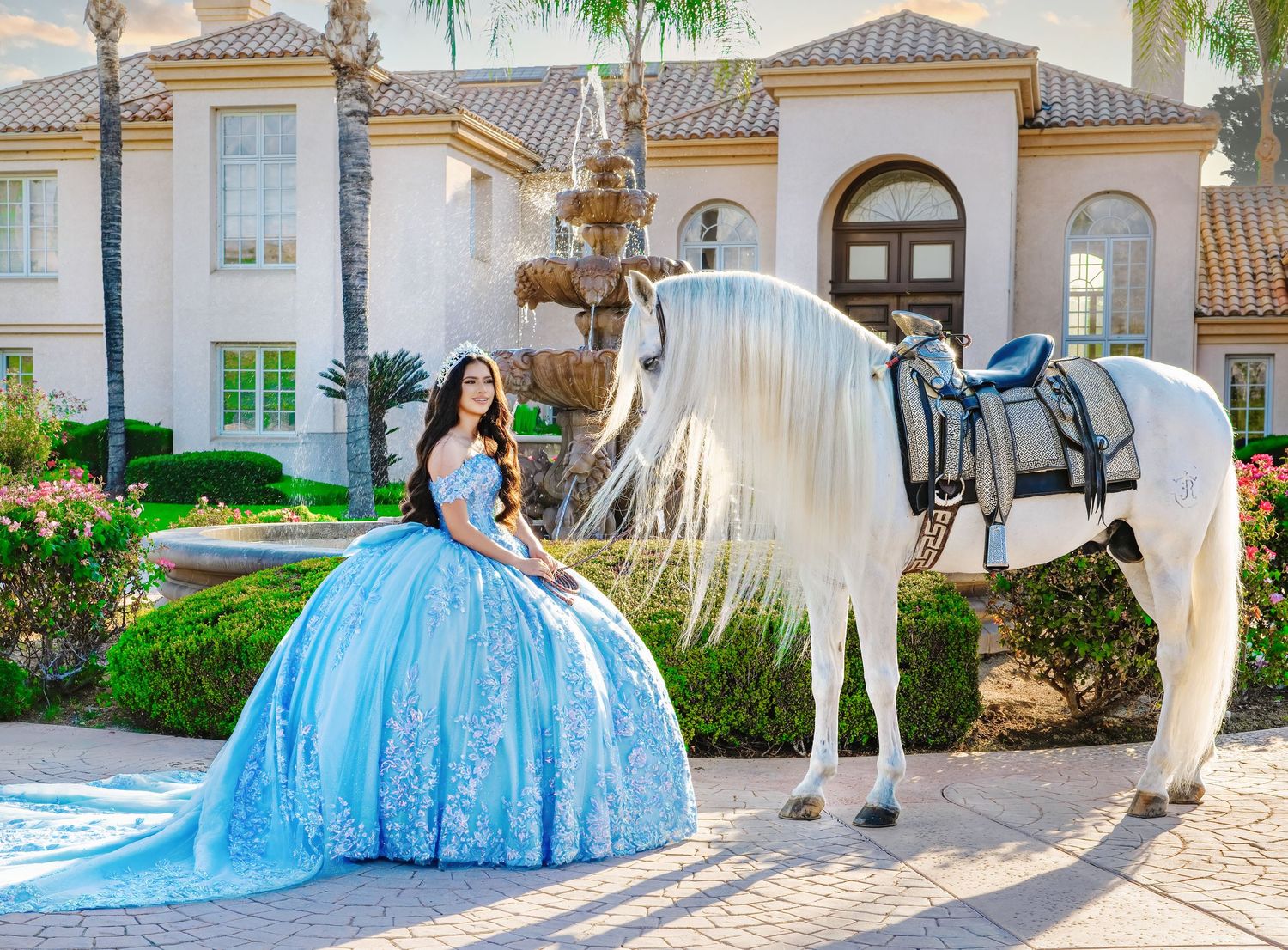 Dramatic royal blue princess ball gown with layers of ruffles photographed in wooden structure.