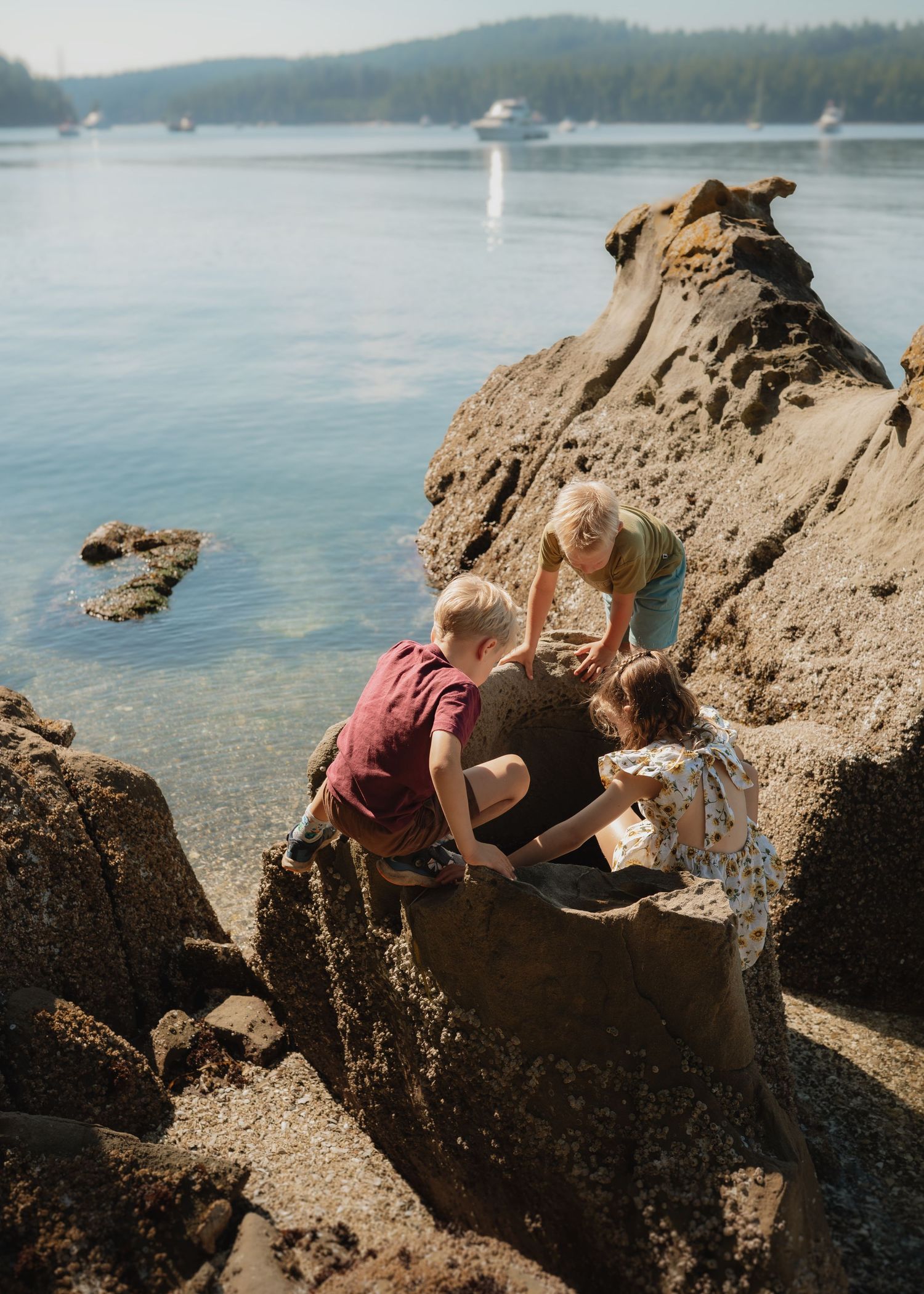 Three children explore tide pools on rocky shoreline with calm blue water and boats in background on sunny day.