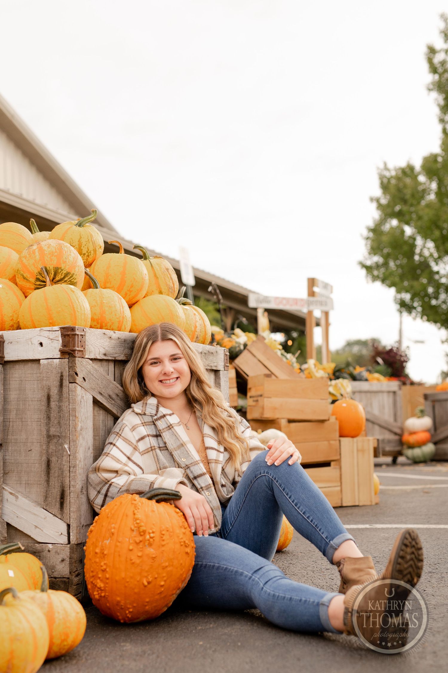 Person in plaid shirt sits casually next to large pumpkins on wooden display at farm market.
