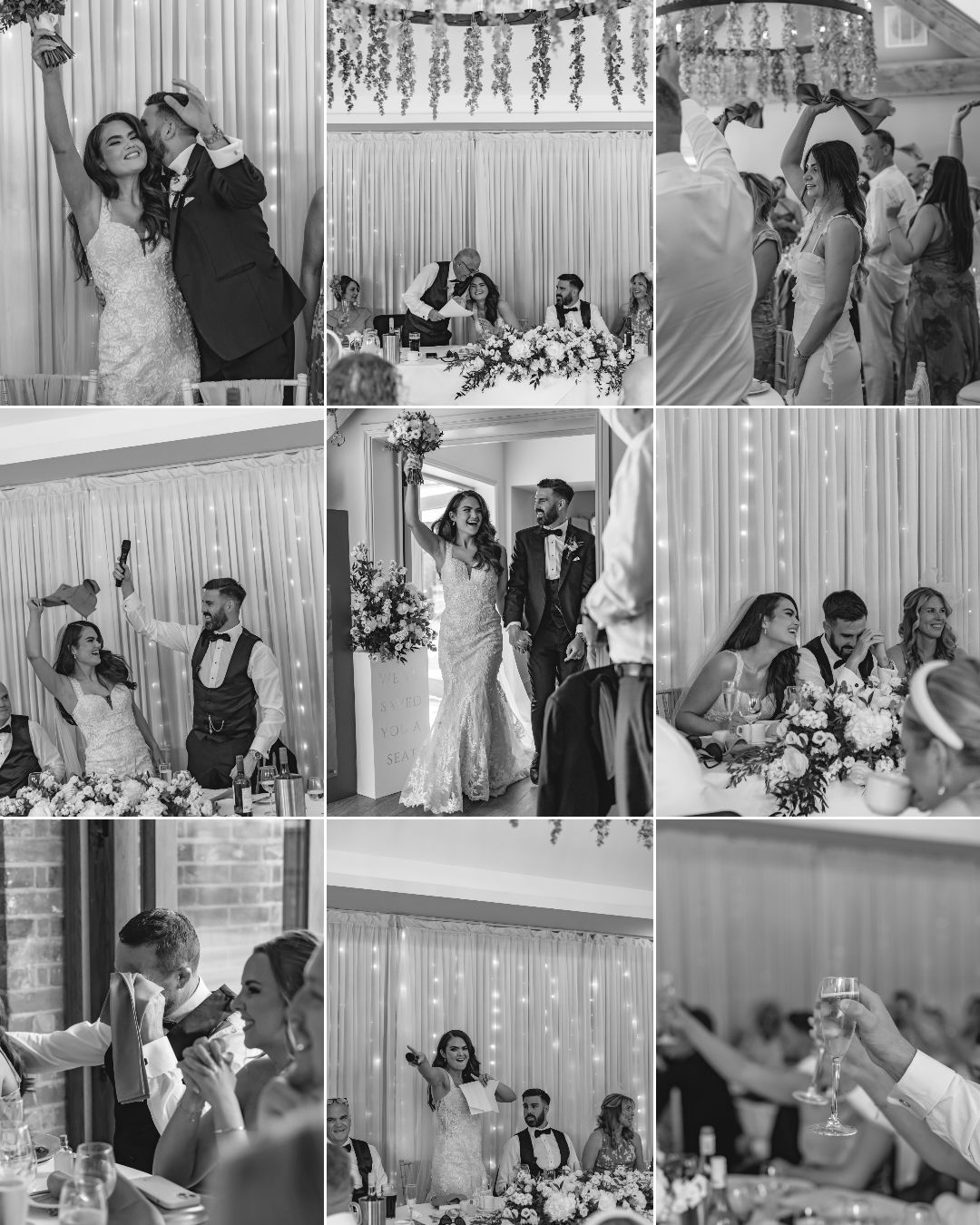 Black and white collage of candid wedding reception moments showing dancing, toasts, and celebrations at an indoor venue.
