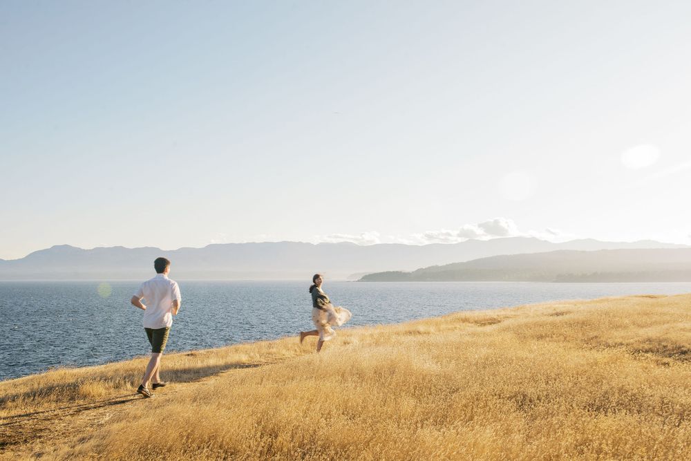 A scenic coastal hiking trail stretches along golden grasslands with ocean views and mountains in the distance.