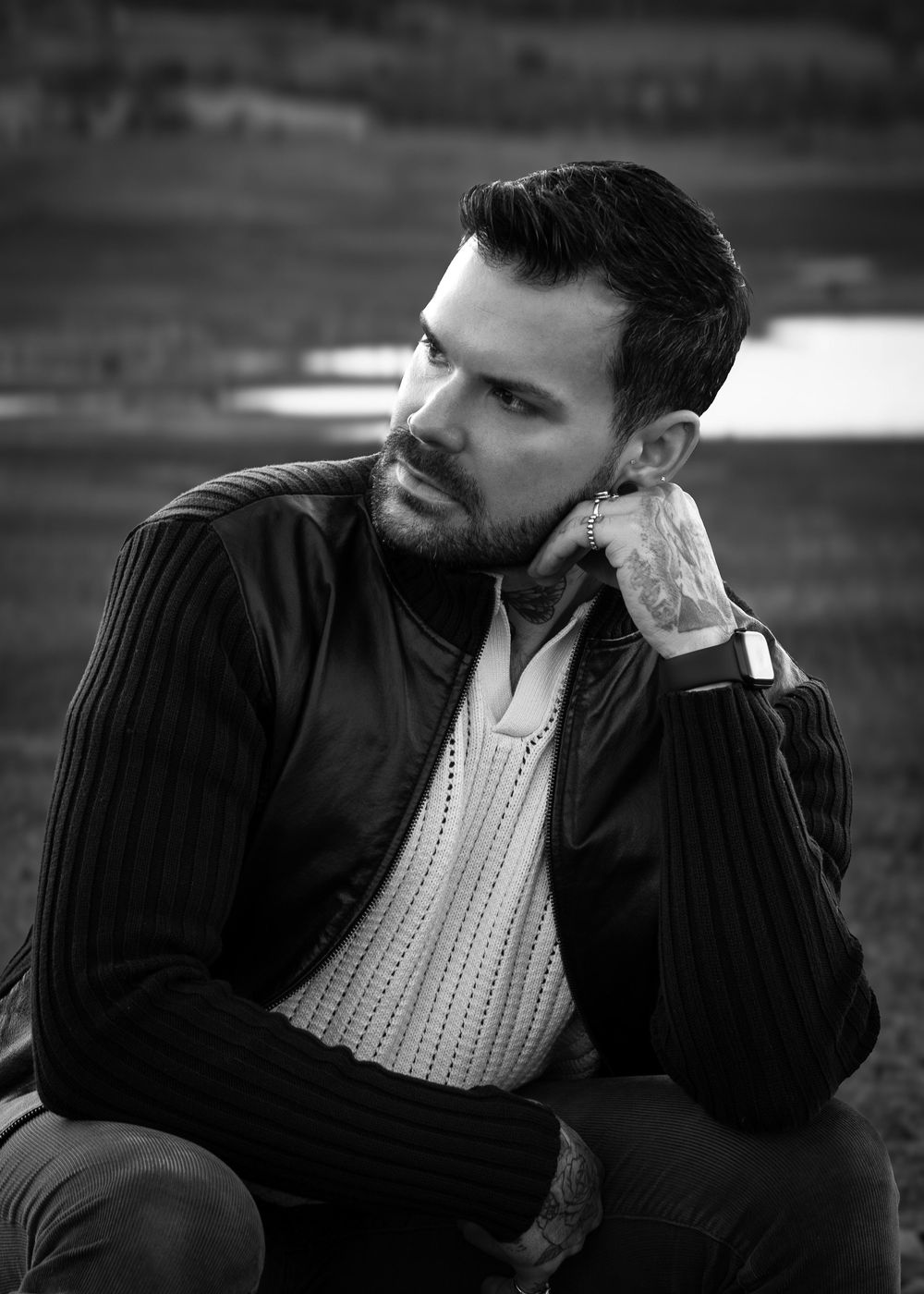 Model posing in a sitting position.