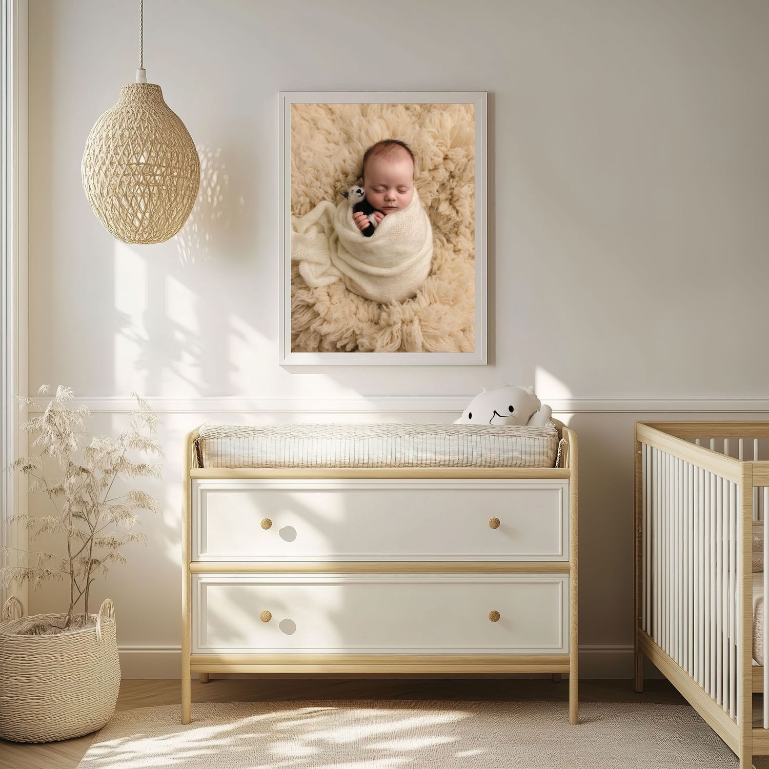 Warm neutral nursery with wall art of a newborn wrapped in cream and holding a small teddy bear, from Charlottesville baby photography.