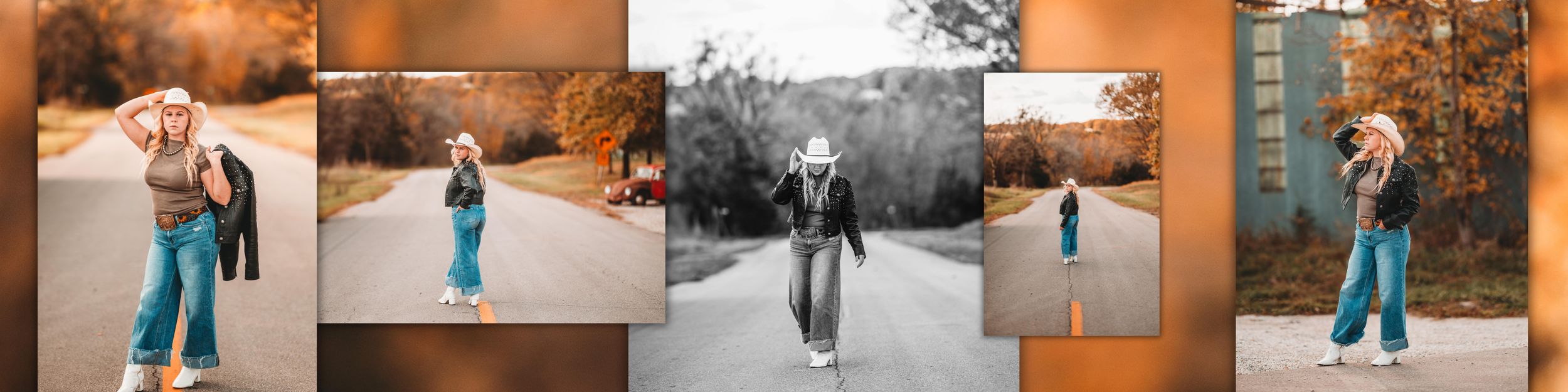 A series of warm-toned lifestyle photos showing a person in teal clothing against orange and brown urban backdrops.
