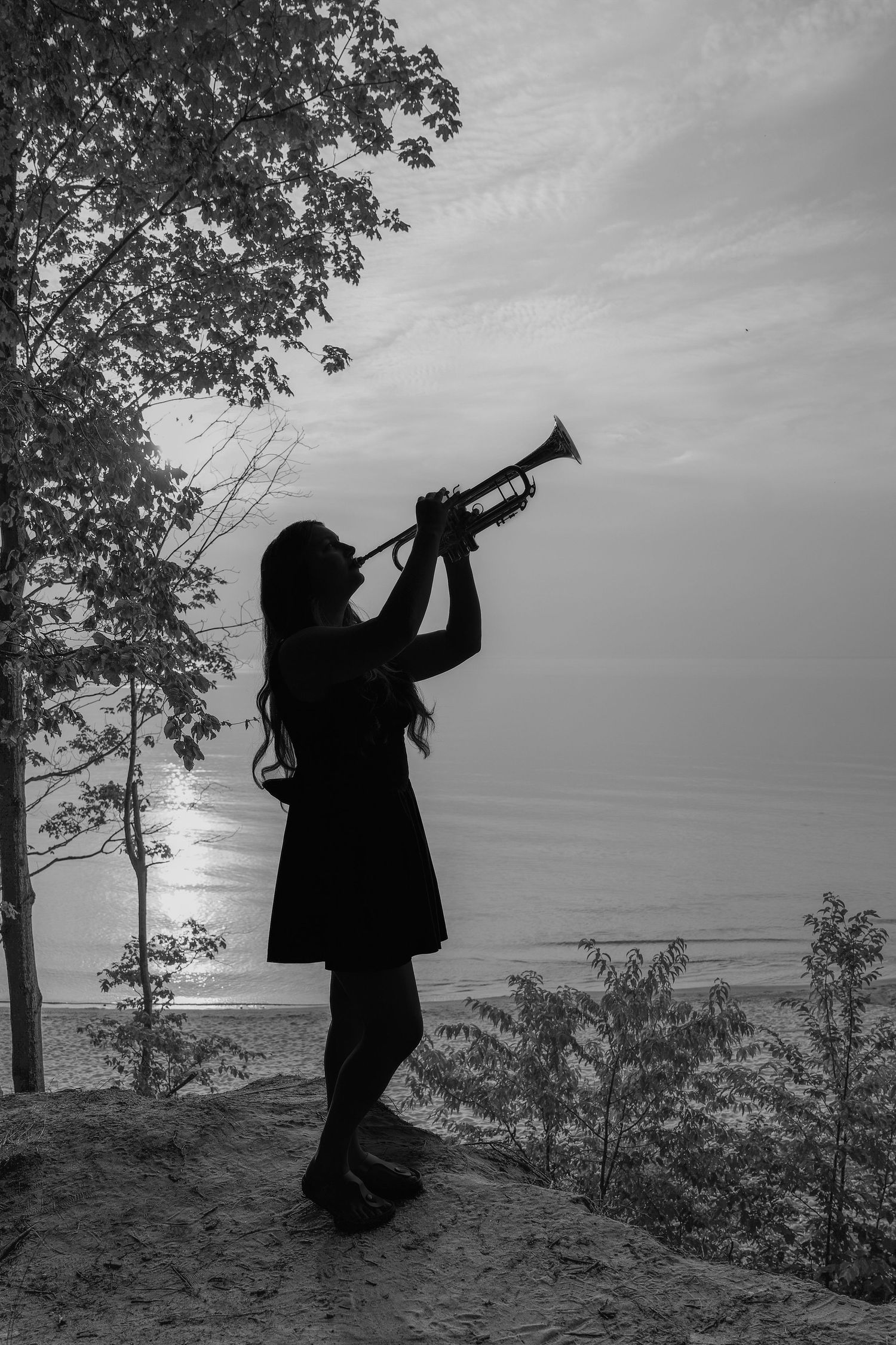 A silhouetted figure plays a trumpet against a dramatic sky in a series of artistic black and white photographs.