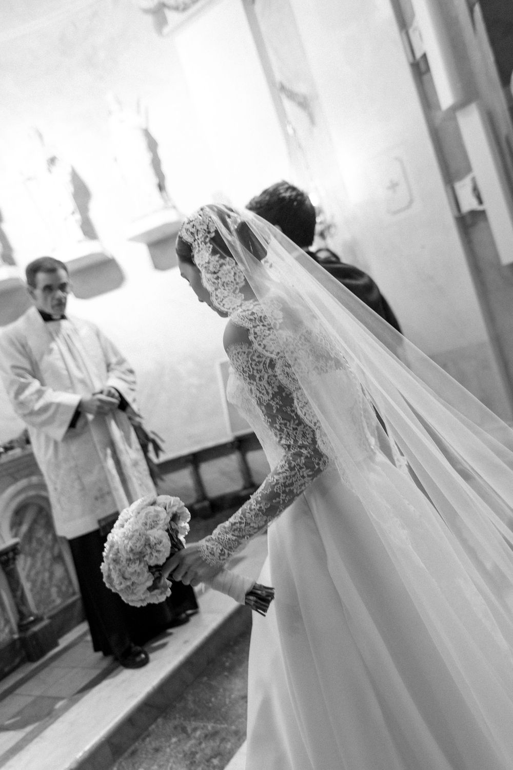 Black and white photos show a wedding ceremony with flowing white veil and formal attire.
