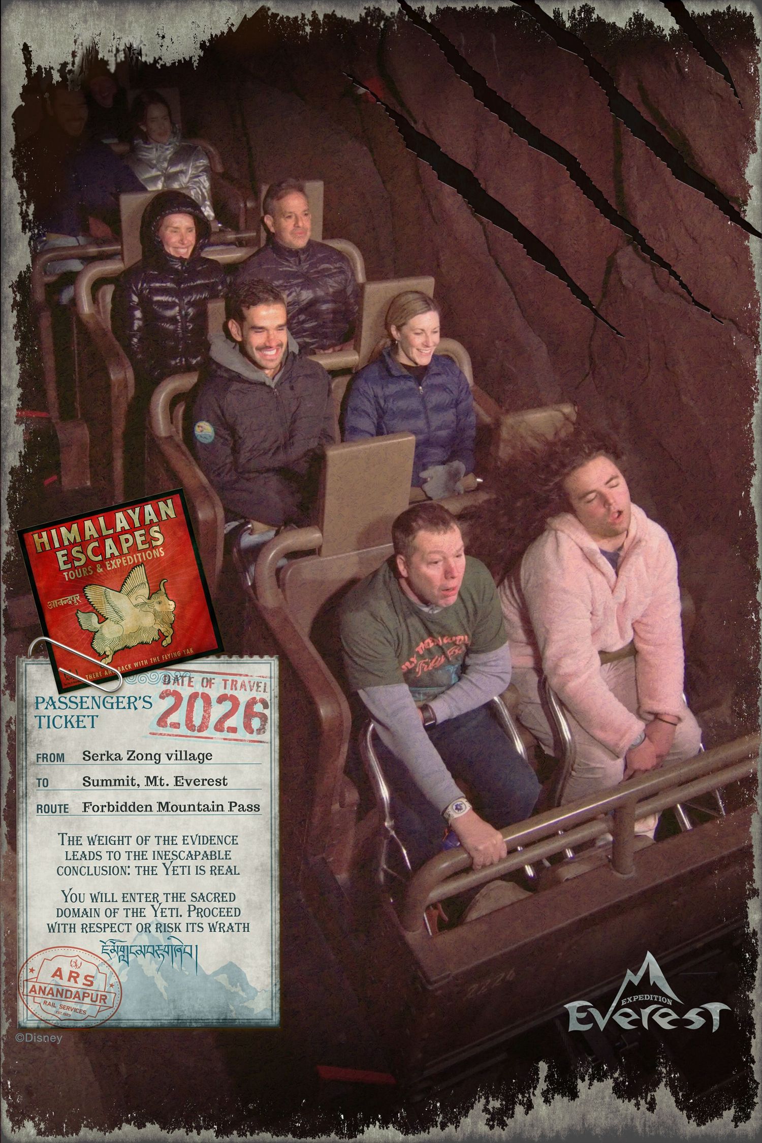 A sequence of photos showing riders on Disney's Expedition Everest roller coaster attraction at Animal Kingdom theme park.