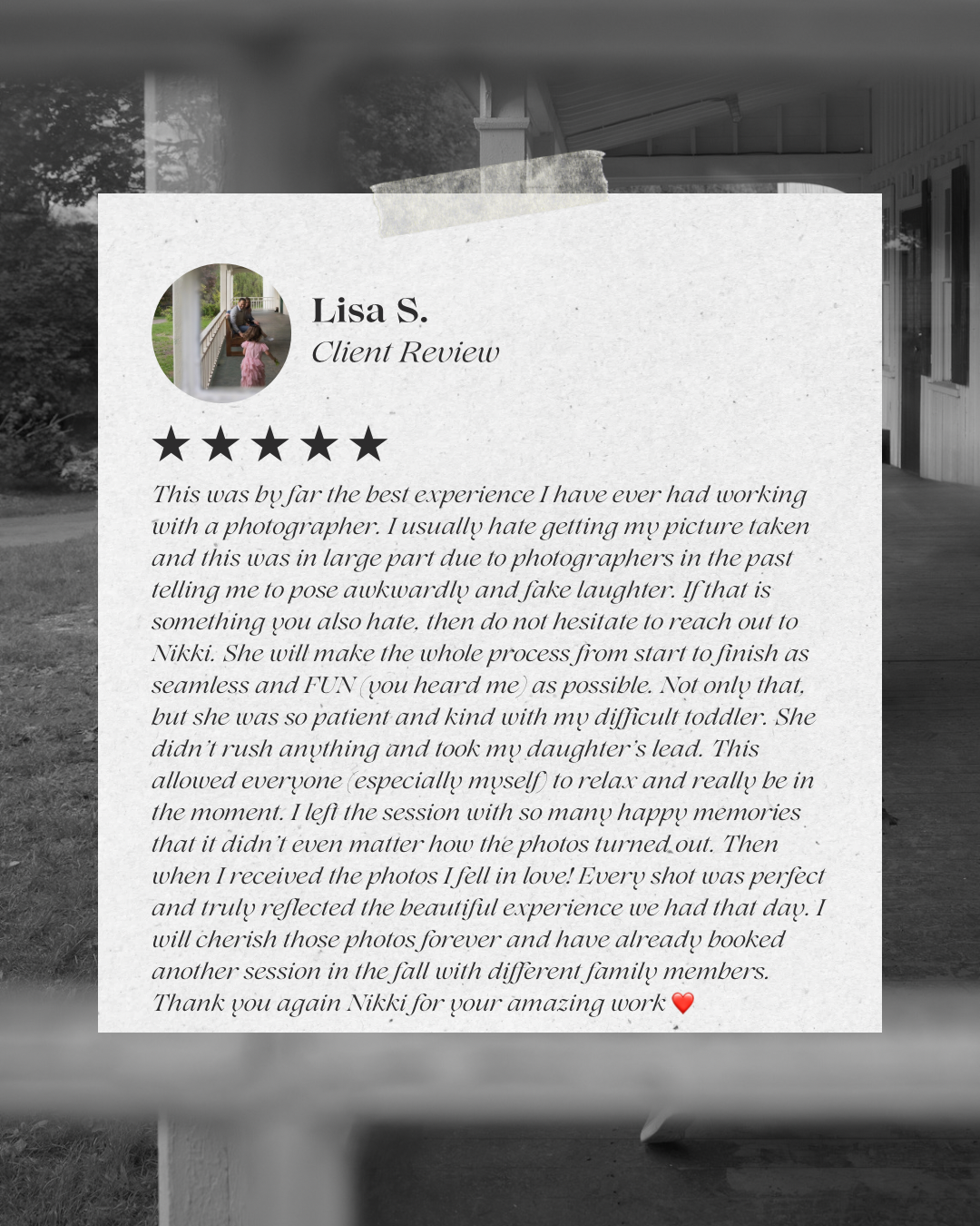 glowing review left by client about family photography services in Halton Hills, Ontario