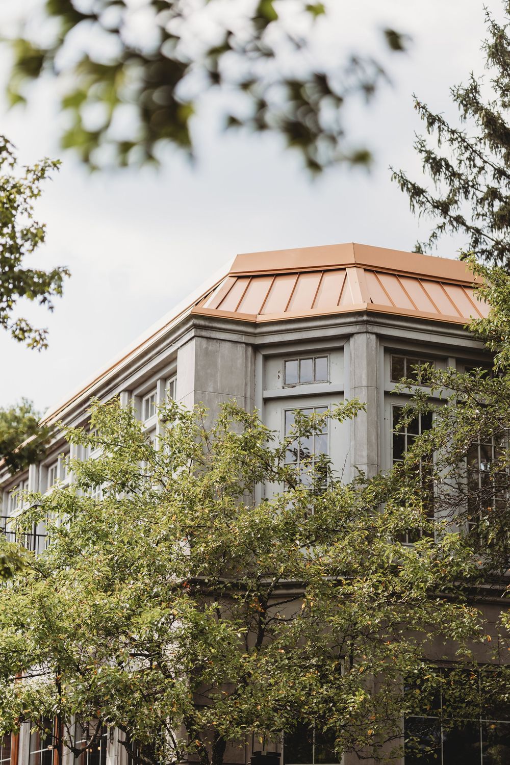 Modern building exterior with copper roof and large windows framed by lush green trees.