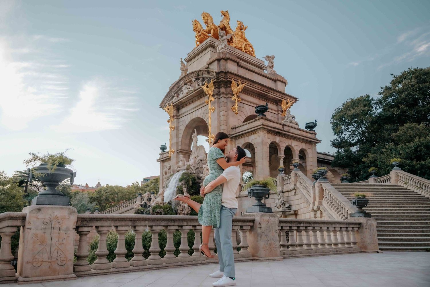 Edited photo of couple in front of Cascada Monumental with no crowds.
