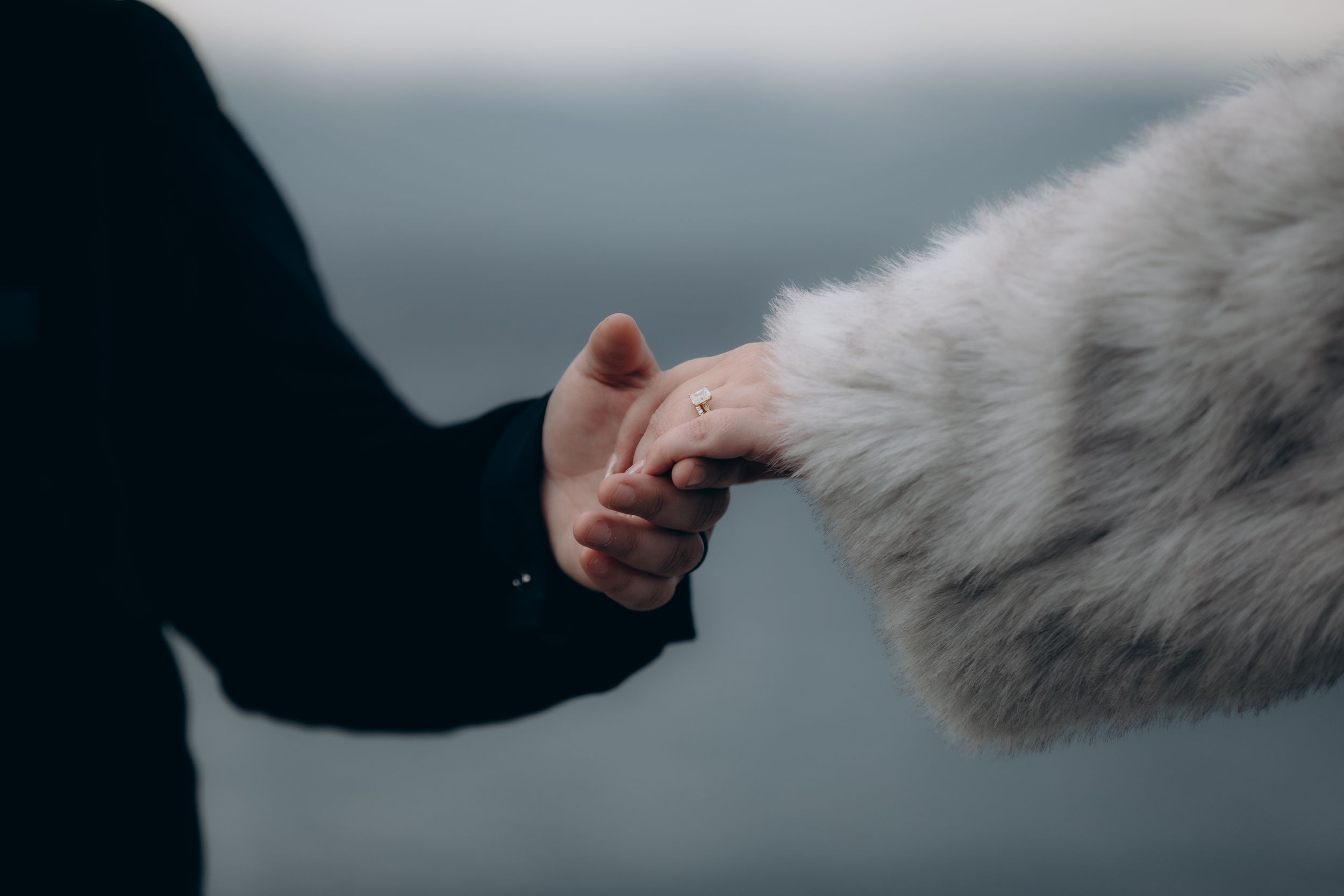 A person's hand gently pets a fluffy white dog's fur against a dark background.