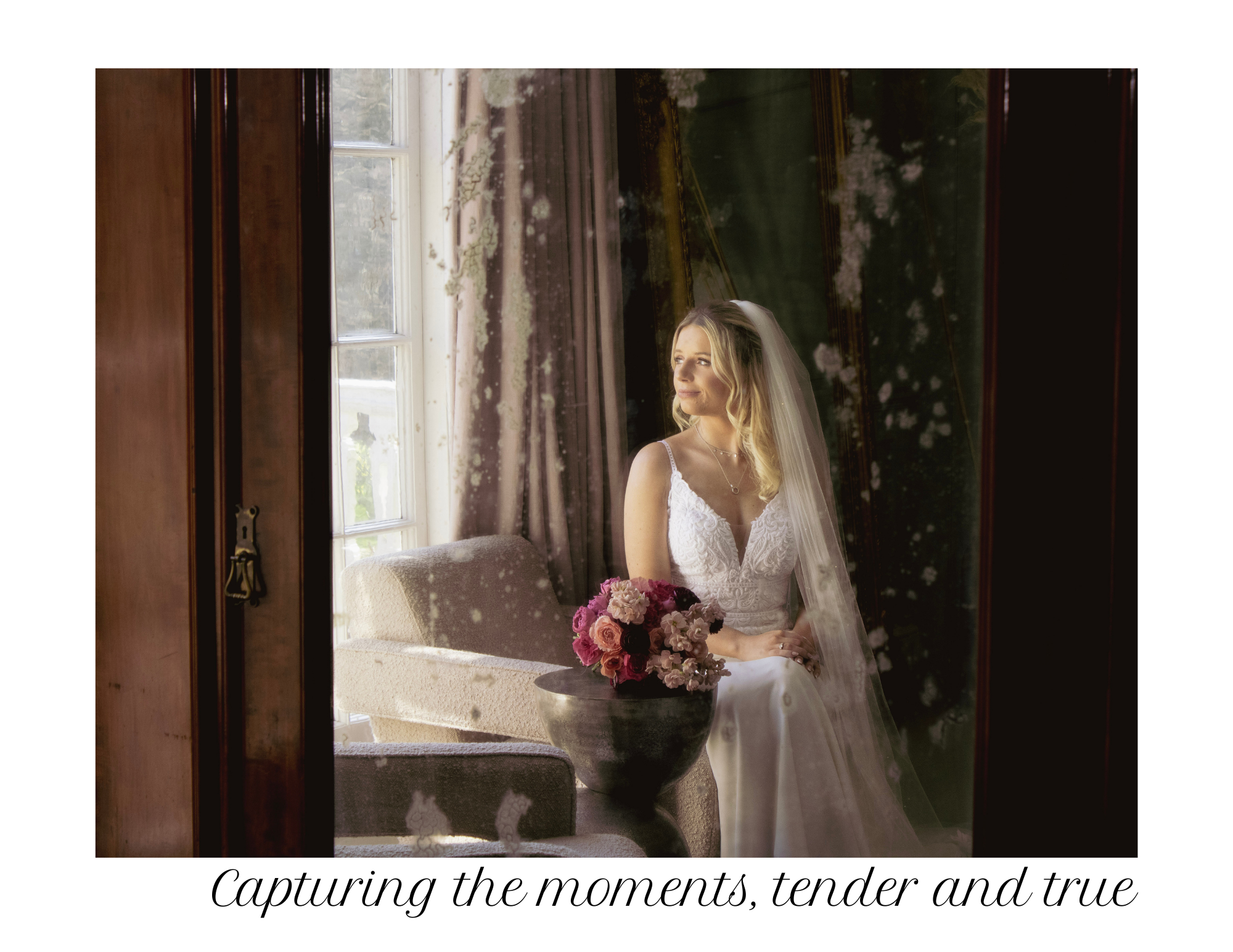 Bride looking out the window, mirror reflection image in the Cotswolds