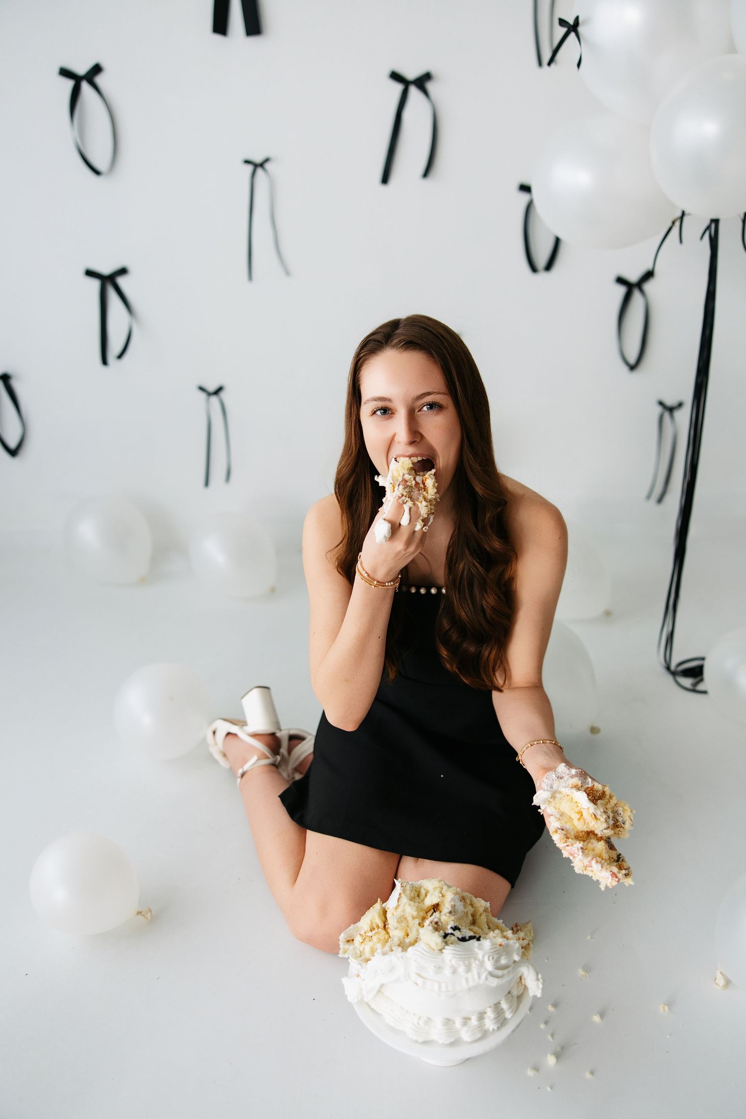 A sequence of photos shows someone in black eating cake from a white plate against a light background with musical notes.