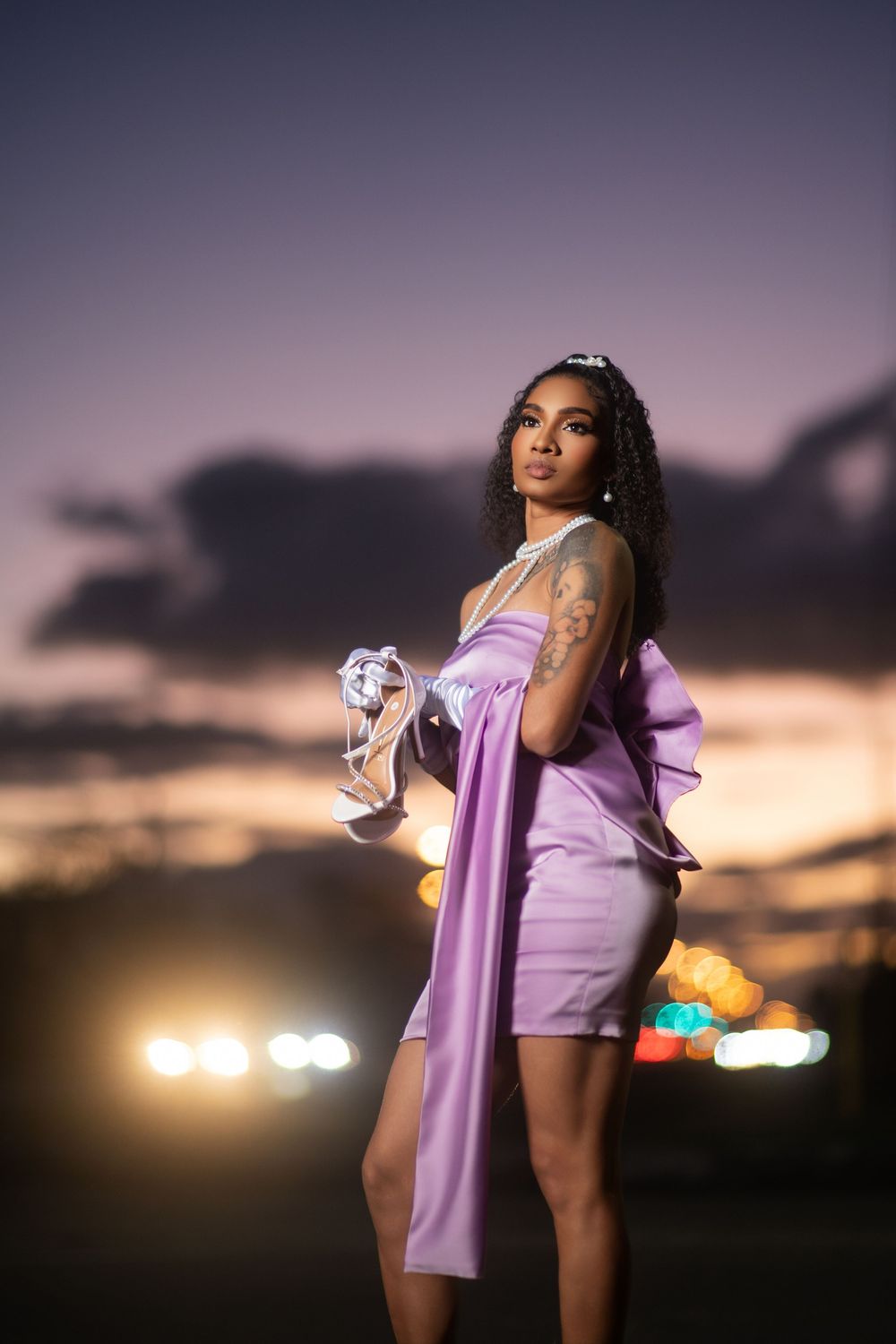 A silhouetted figure in a purple dress poses against a dramatic sunset sky with city lights twinkling in the background.