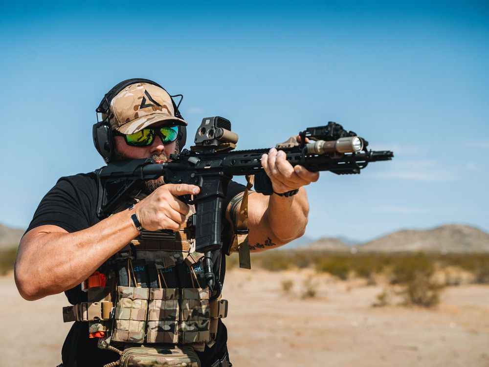 Tactical shooter training sequence showing multiple firing positions and stances in a desert environment.