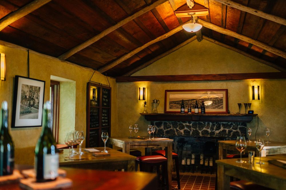 Panoramic view of a wine tasting room with vaulted ceiling and rustic decor.
