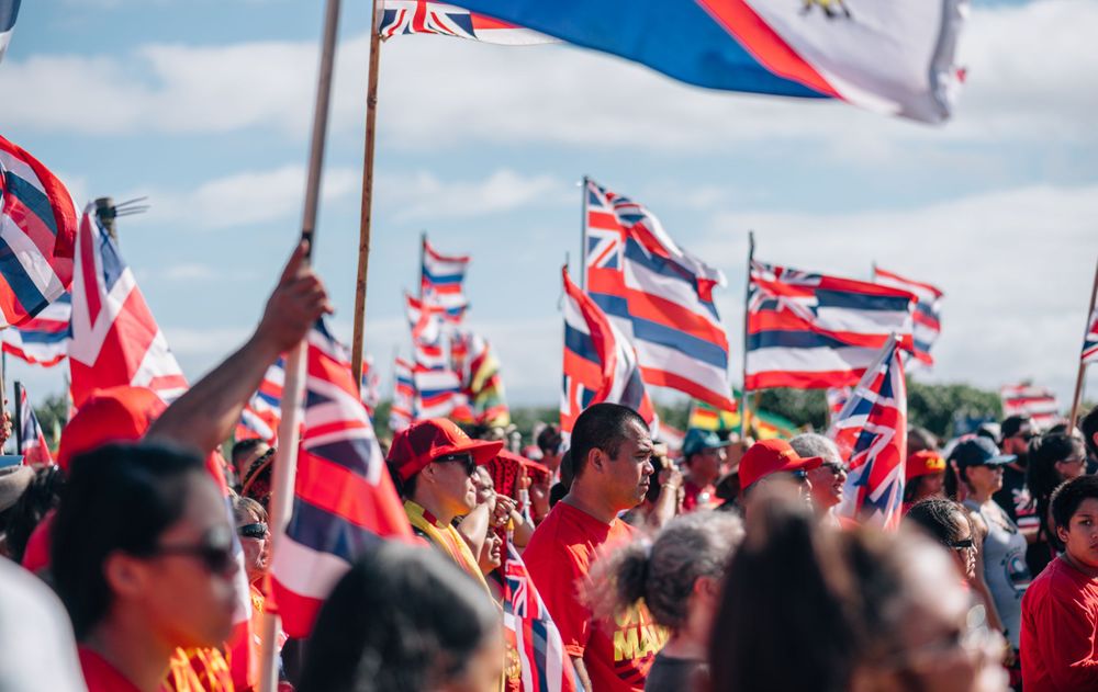 Aerial view of crowd waving multiple Hawaiian state flags during a demonstration.