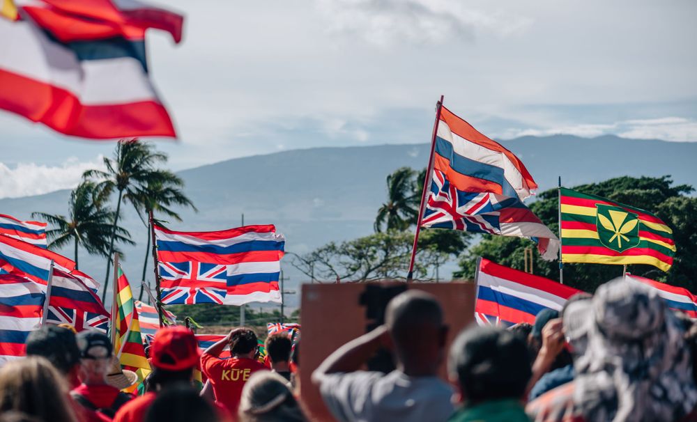 Palm trees and mountains frame a crowd waving Hawaiian state flags at an outdoor event.