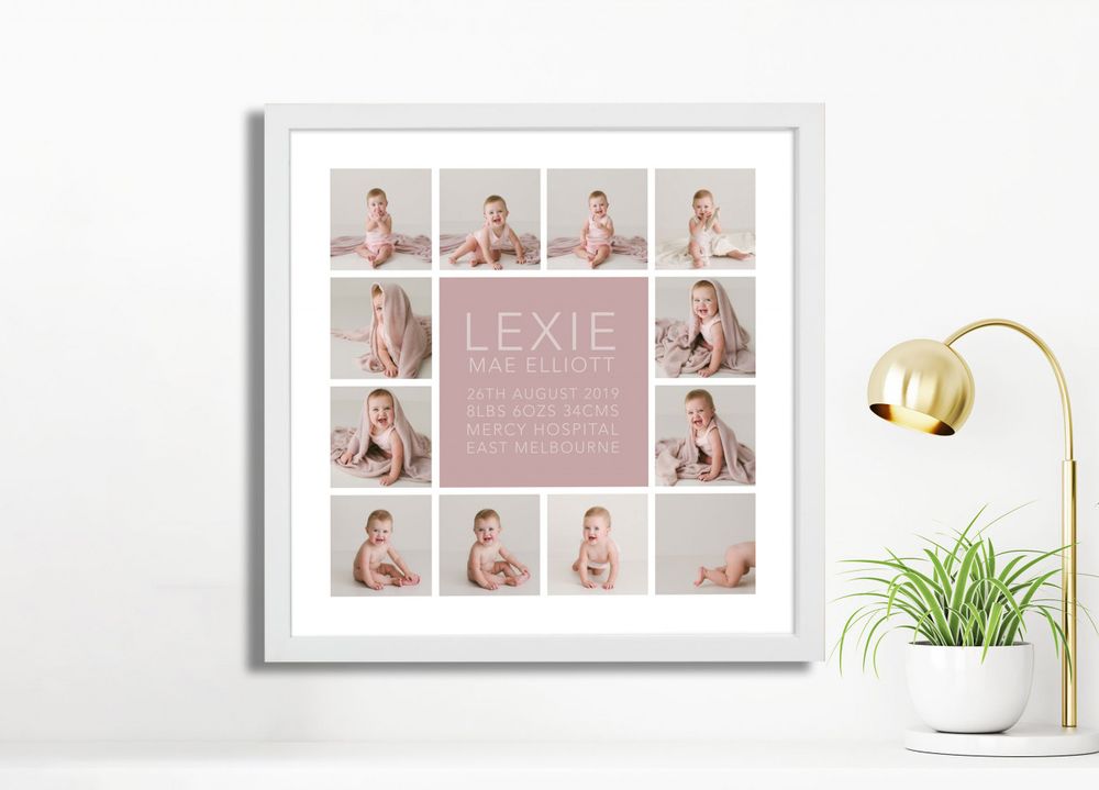 Custom wall gallery design featuring maternity and newborn portraits Gold Coast.