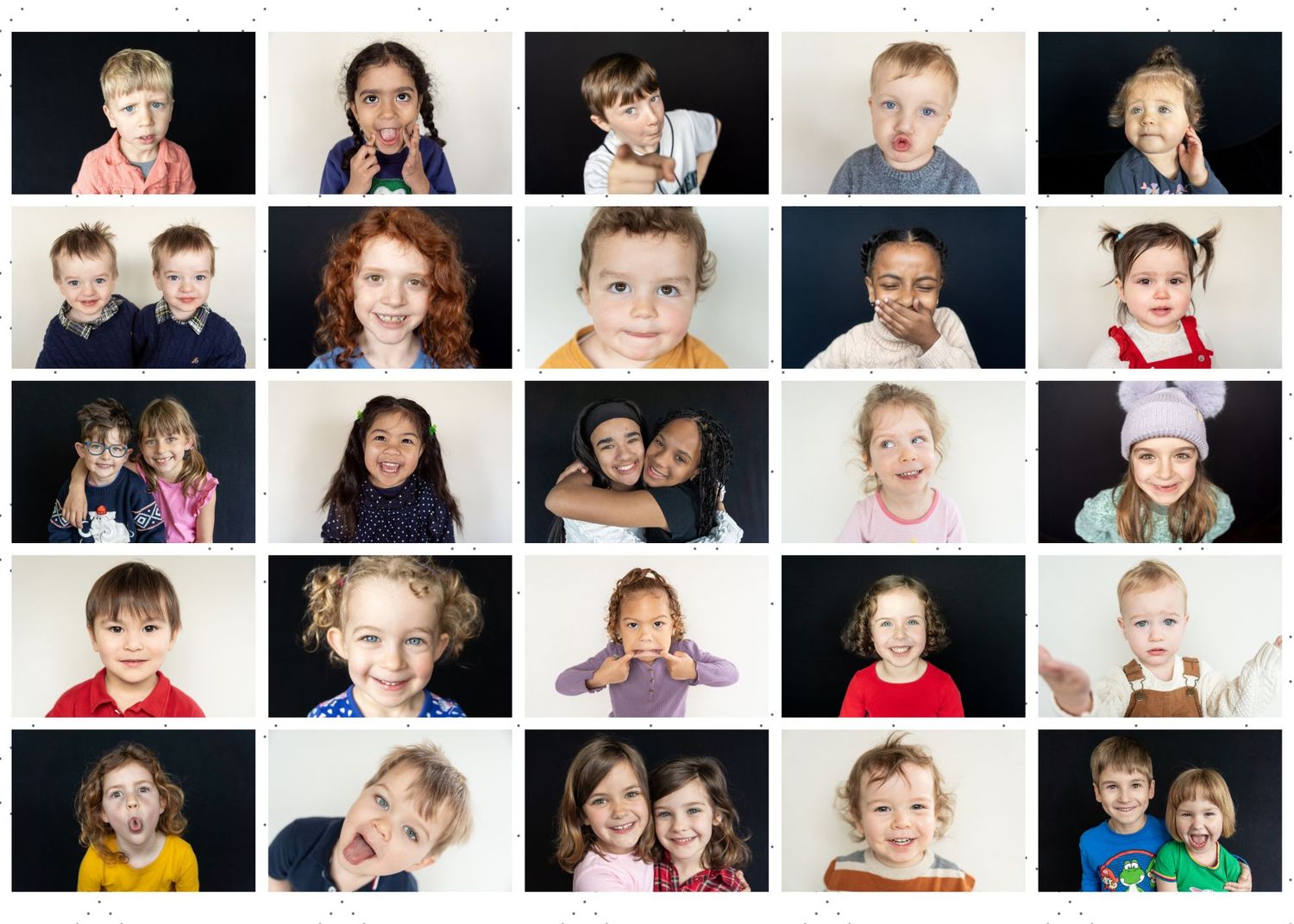 A collage grid of children's portraits showing various expressions and emotions against plain backgrounds.