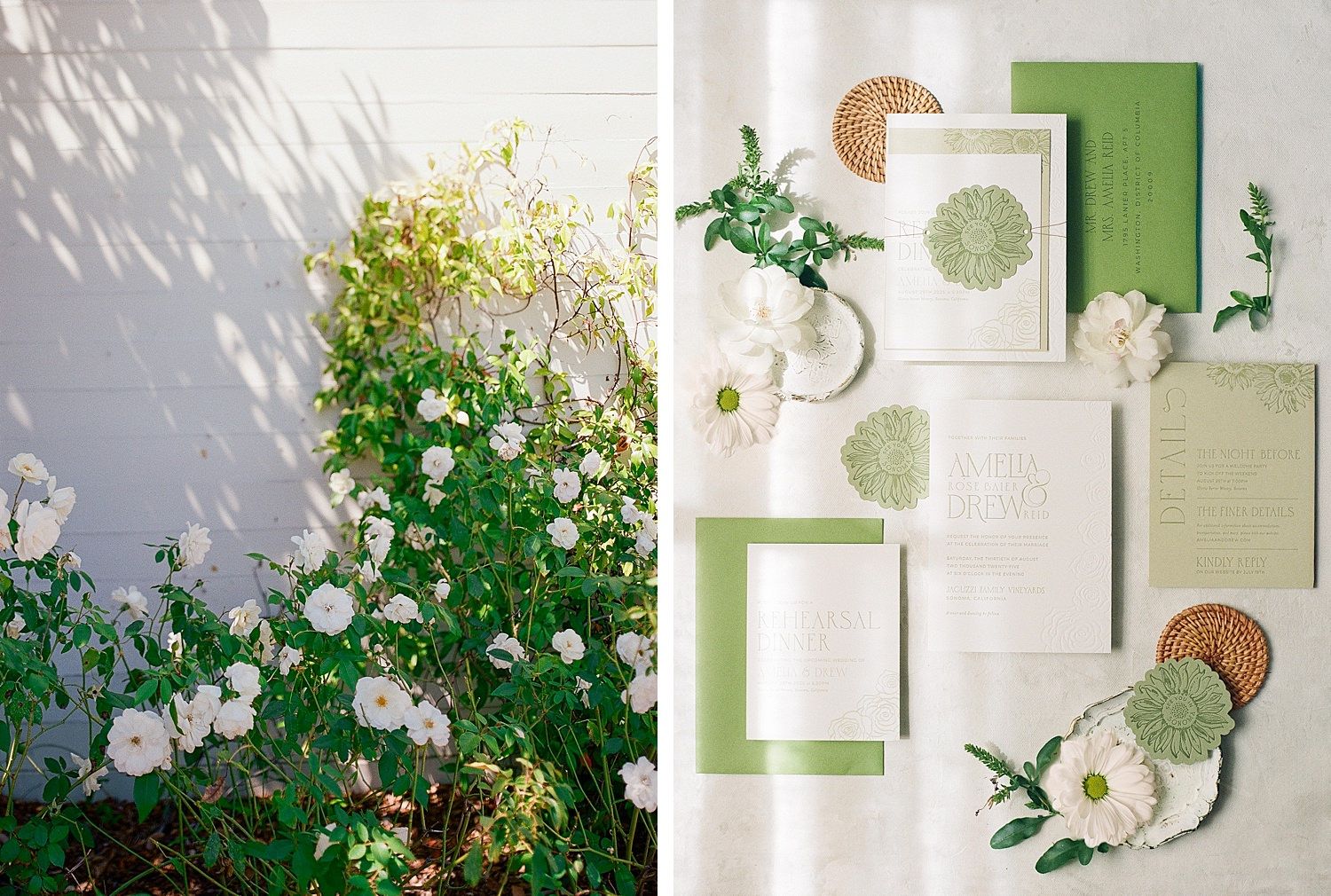 Collage of modern white and green interior design elements featuring plants, frames, and decorative objects against white walls.