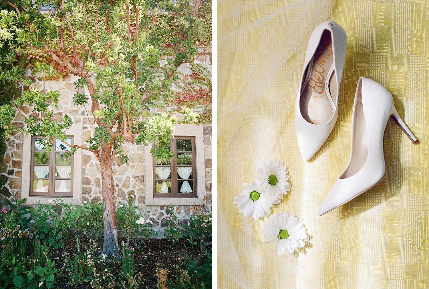 A collage of elegant wedding details including white heels, floral arrangements, and yellow decor elements against a soft backdrop.