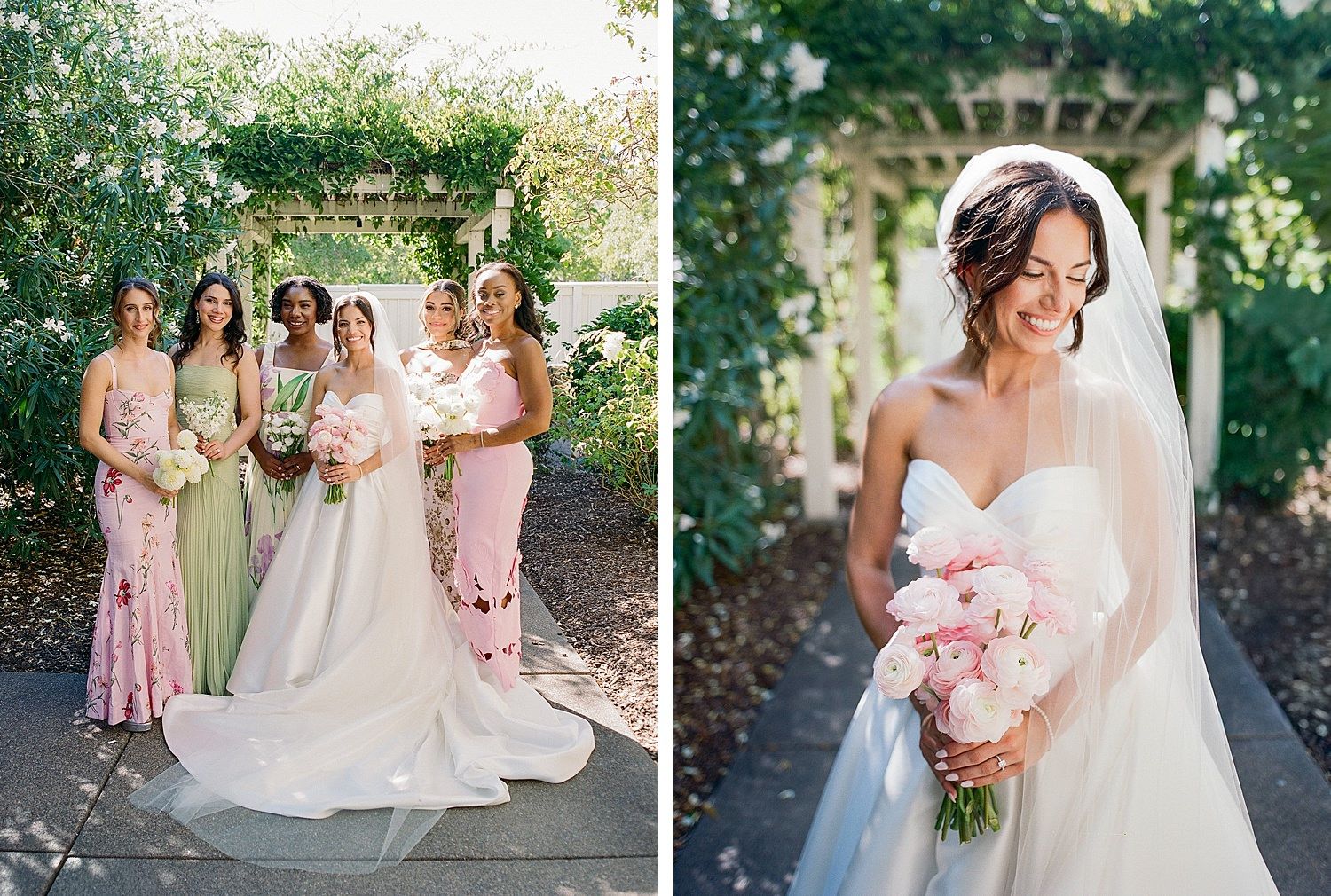 Wedding party in pink bridesmaid dresses poses outdoors in a garden setting with floral bouquets.
