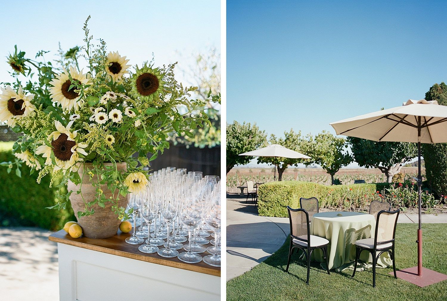Outdoor event setup with sunflower centerpieces, glassware on tables and beige umbrellas in a garden setting.