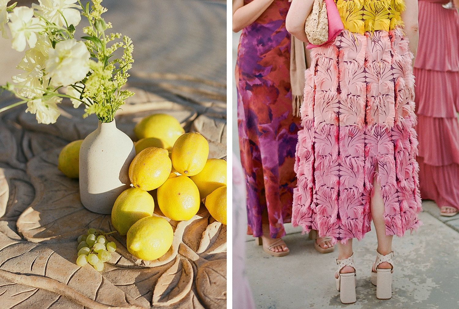 A diptych of fresh yellow lemons with white flowers in a vase, and a pink ruffled dress with floral details.