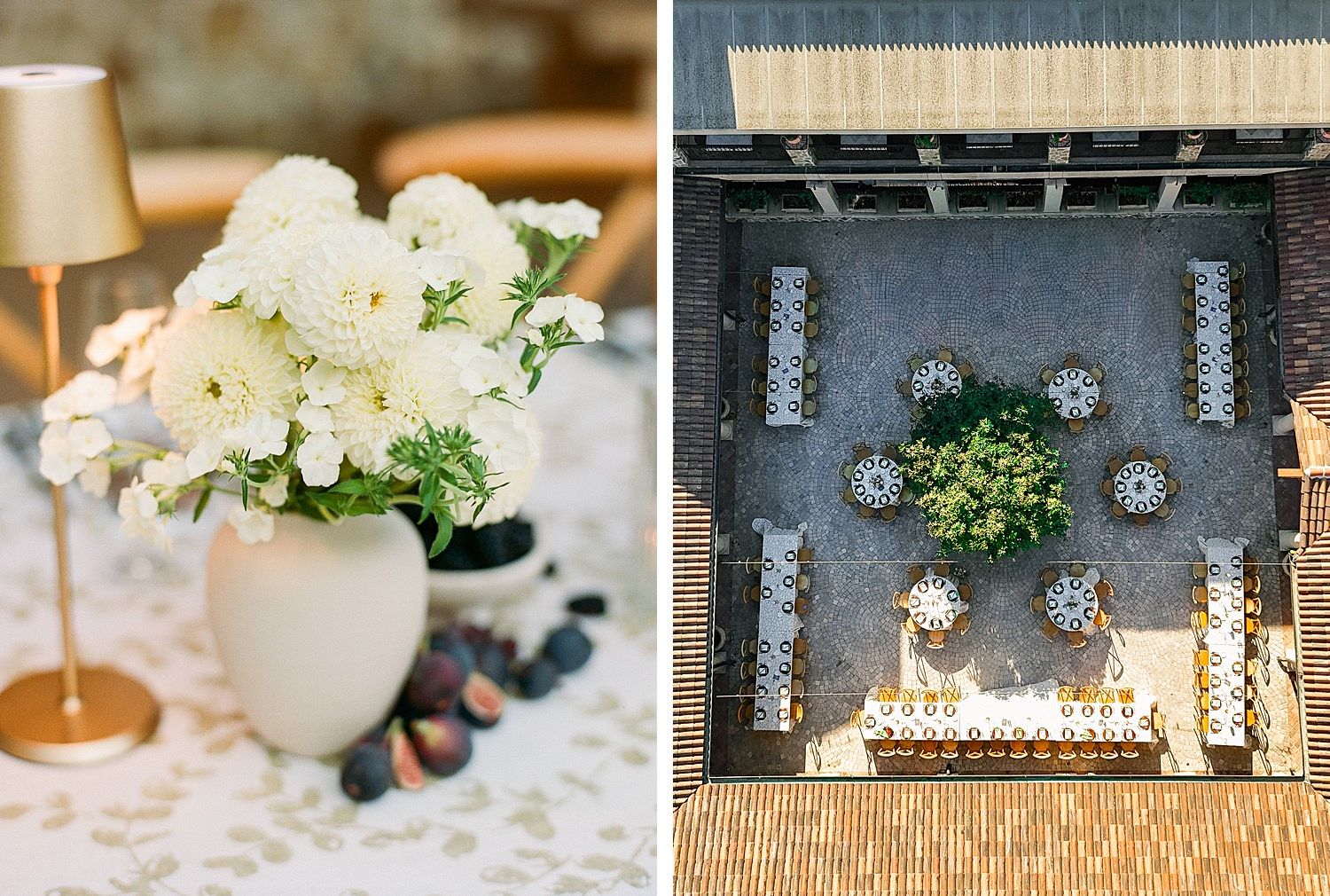 Overhead view of a formal dining table setup with white floral centerpieces and crystal glassware.