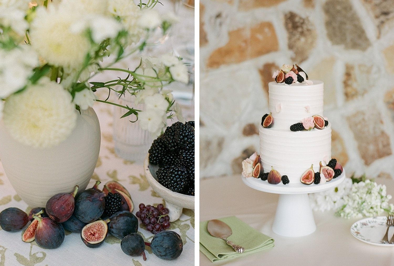 Elegant wedding cake decorated with fresh figs and delicate floral arrangements on a white pedestal stand.