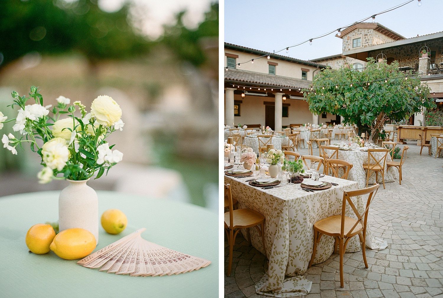 Rustic outdoor wedding reception decor with lemon accents and white floral arrangements on stone tables.