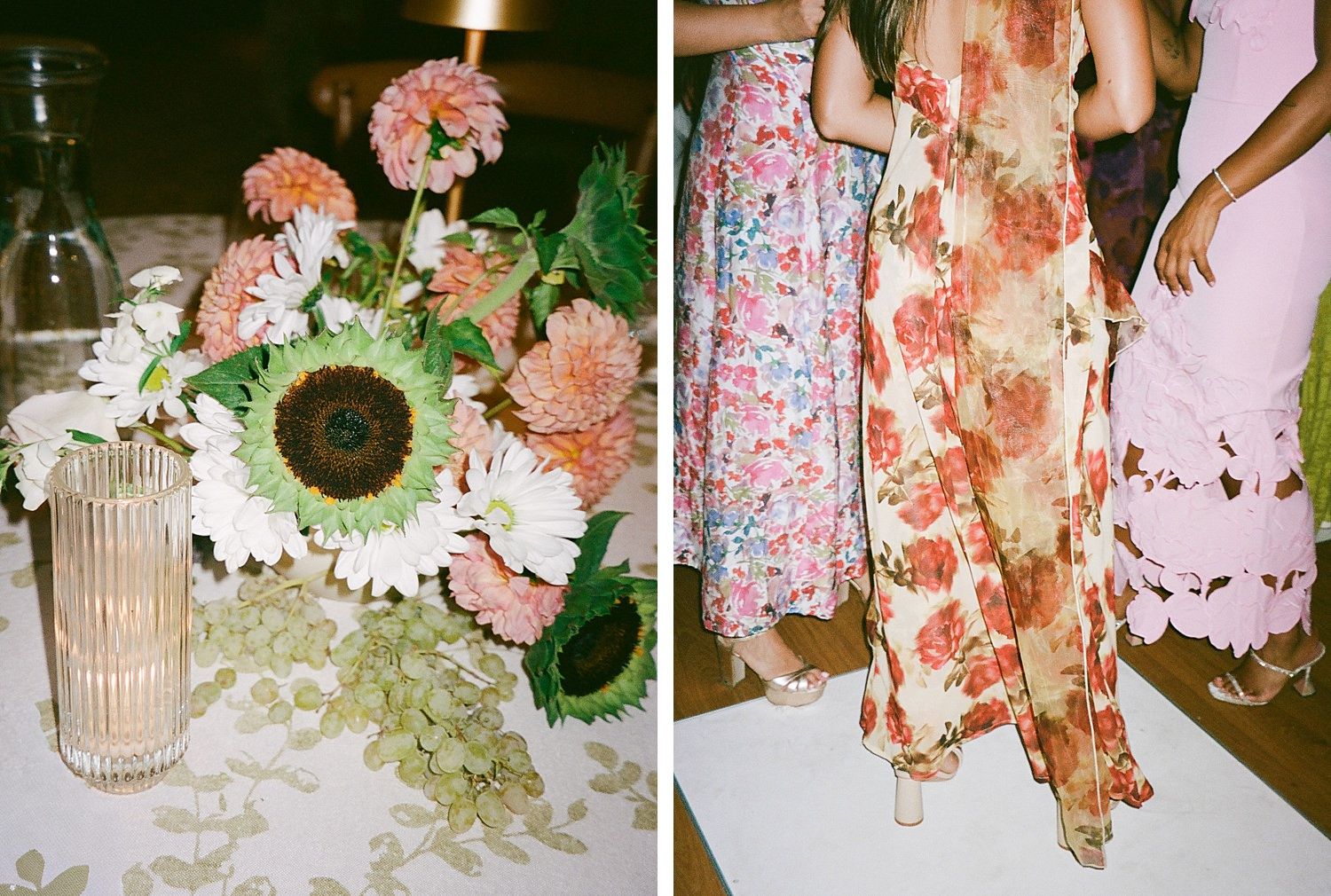 Floral centerpiece with sunflower and pink carnations next to flowy floral print dresses in a vintage-style photo.