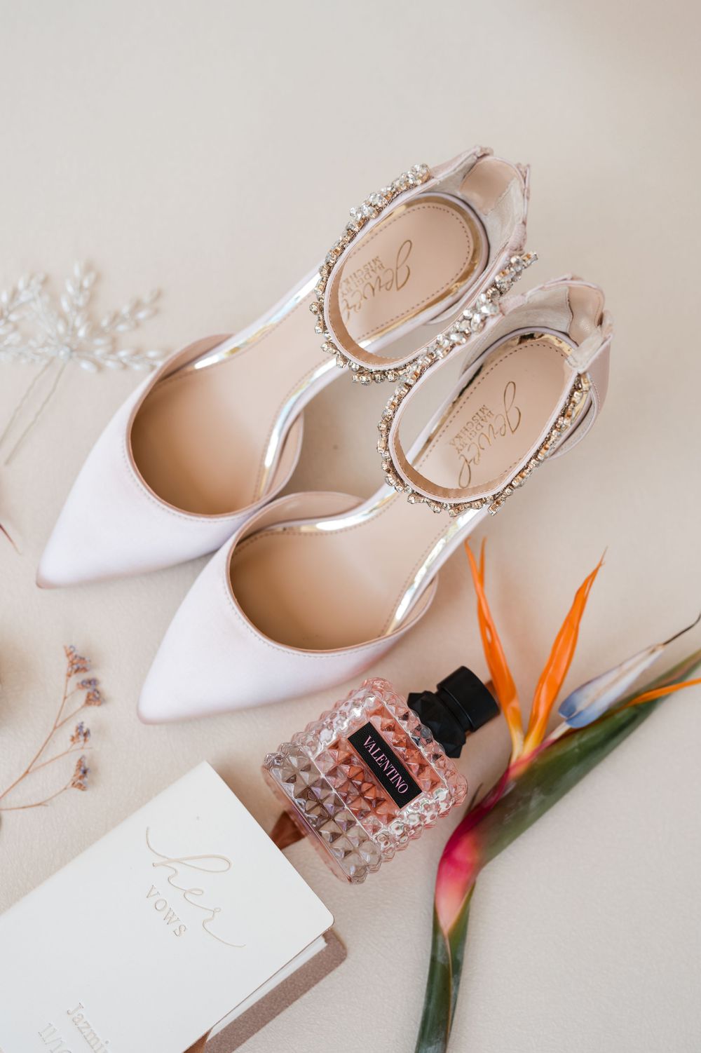 Bride shoes and accessories detail during wedding preparation