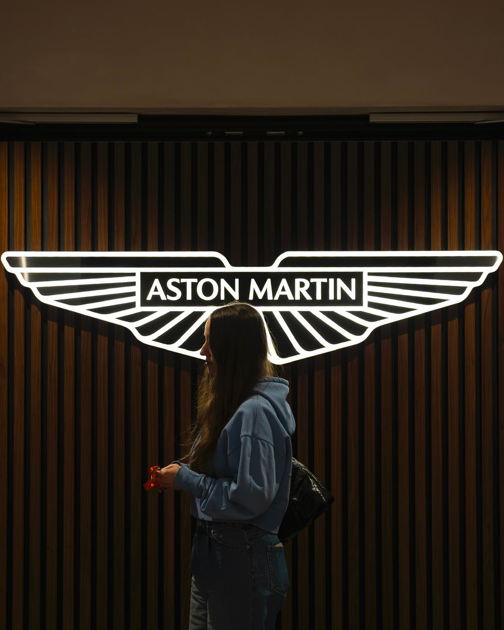 Aston Martin logo illuminated in dark setting with vertical lines in background.