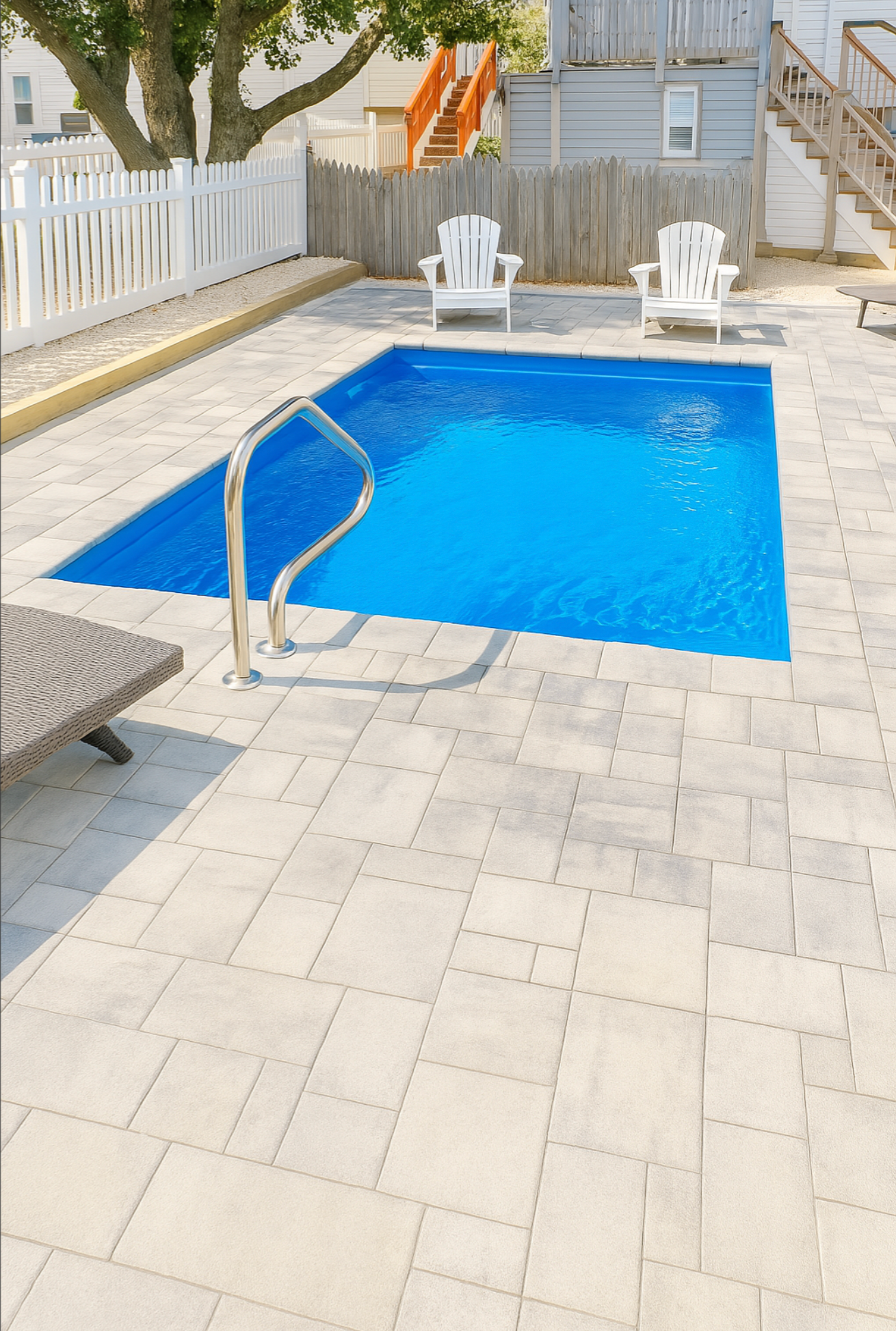 Rectangular inground pool with concrete pavers and white with chairs in backyard.