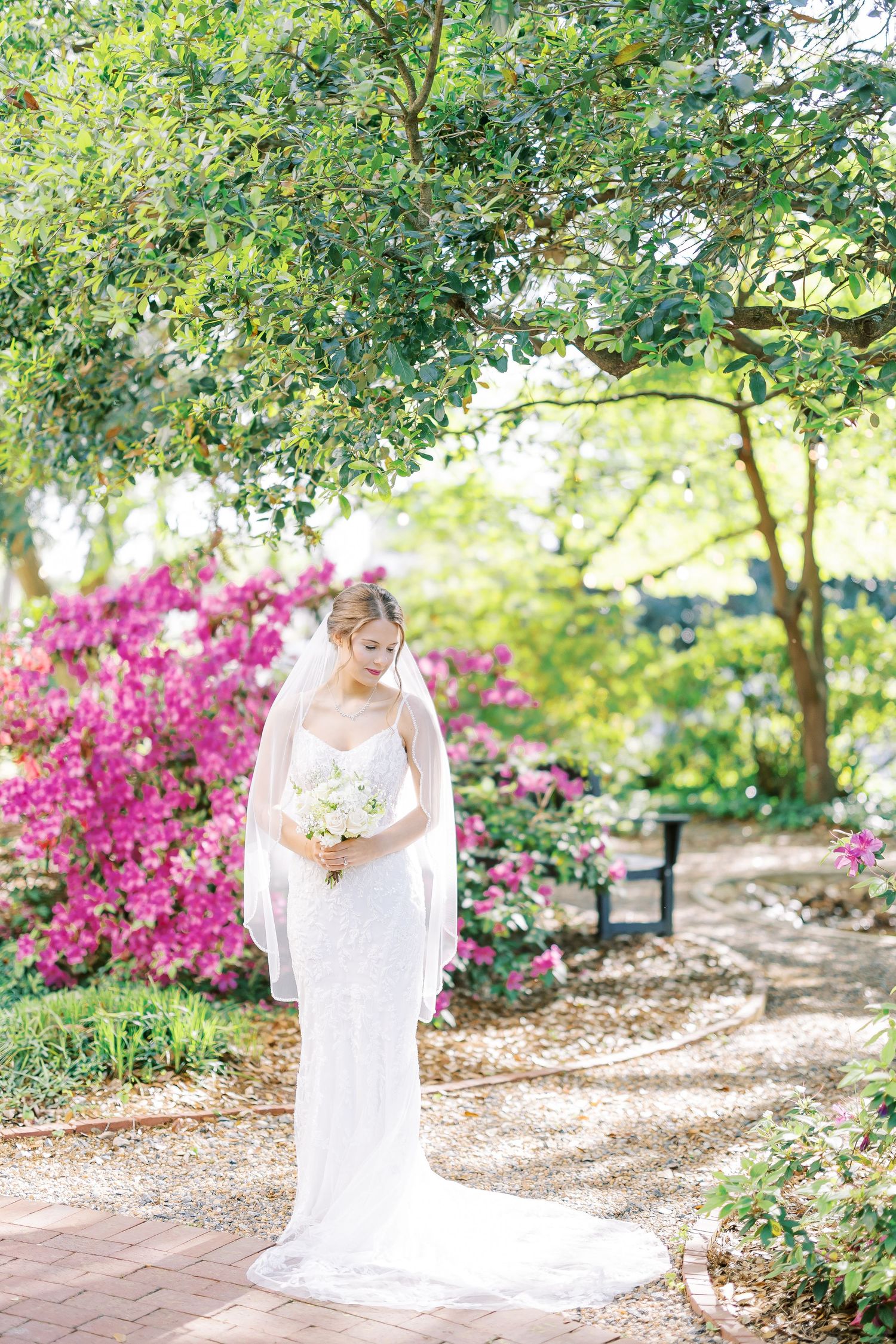 A bride in a flowing white lace gown with long train poses in a garden setting with vibrant pink azalea bushes and trees.