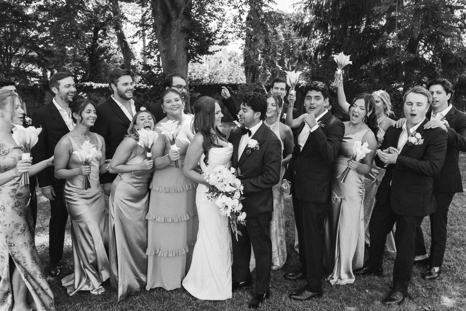 Wedding party members stand together outdoors in a black and white photo collage sequence.