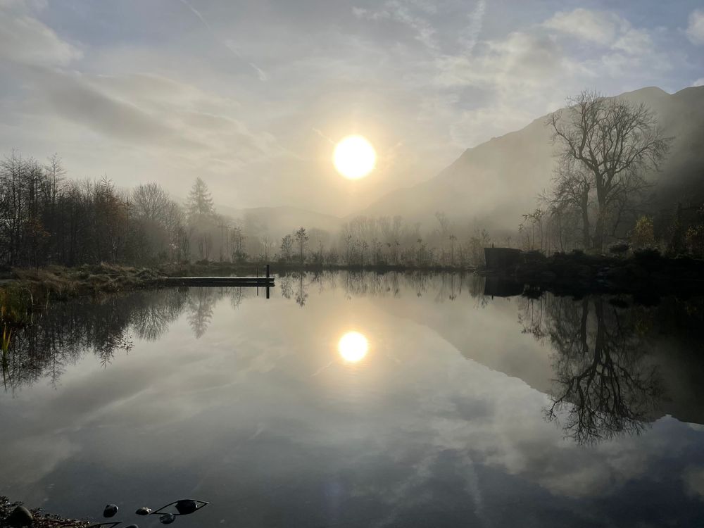 Morning sunlight creates a misty golden glow over a calm lake with trees silhouetted along the shoreline.