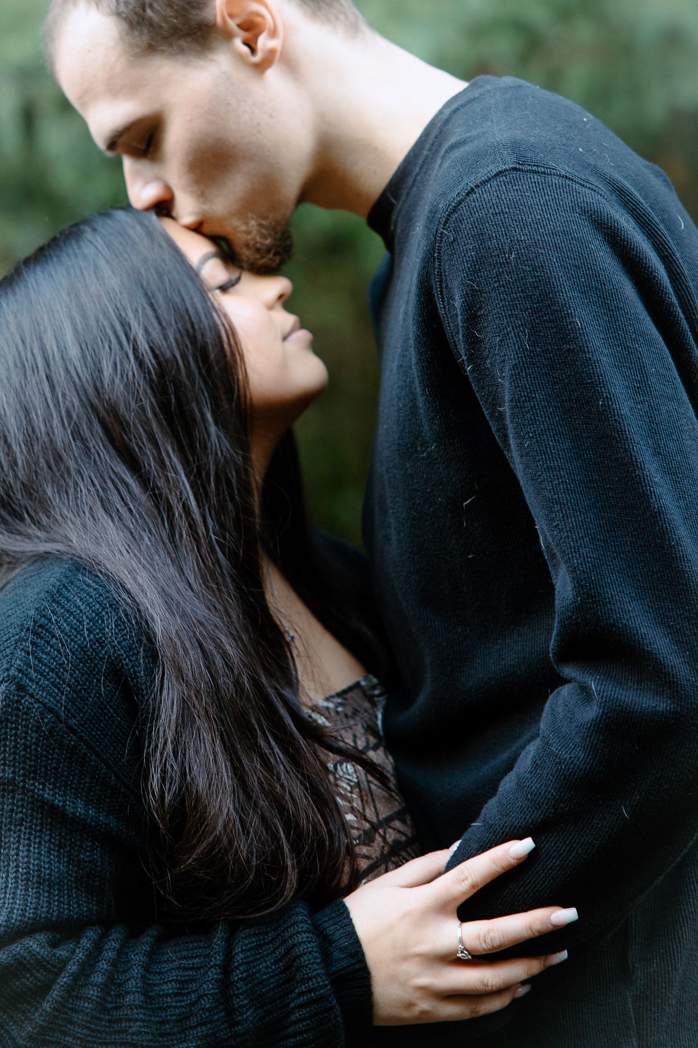 A romantic wedding couple shares an intimate moment in a series of four progressive close-up shots.