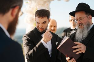 A series of six photos showing people in traditional Jewish attire during various emotional moments at a wedding ceremony.