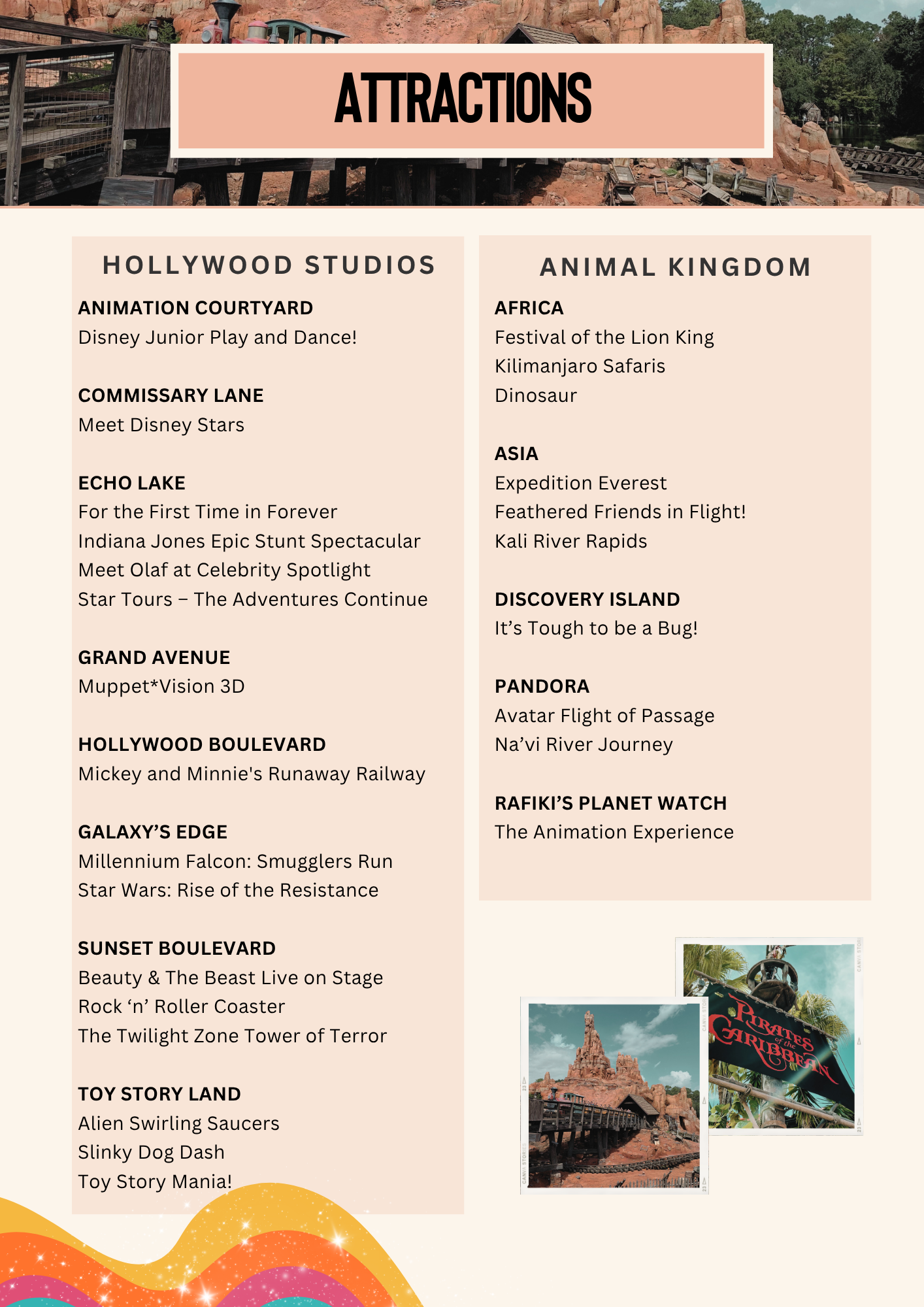Comprehensive attraction list for Disney's Hollywood Studios and Animal Kingdom theme parks.